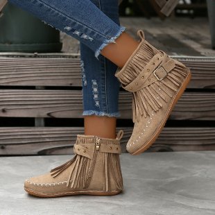 Utumn Side Zipper Short Boots For Women Double Layer Tassel Boots Women's  Thangka Shoes Flat Bean Shoes 10