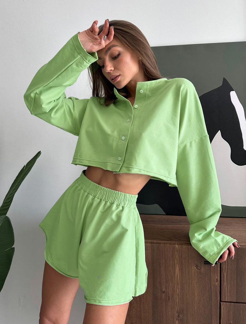 Summer Solid Color Long Sleeve Button Top Shorts Home Clothes Women Loose Comfortable Pajamas 3