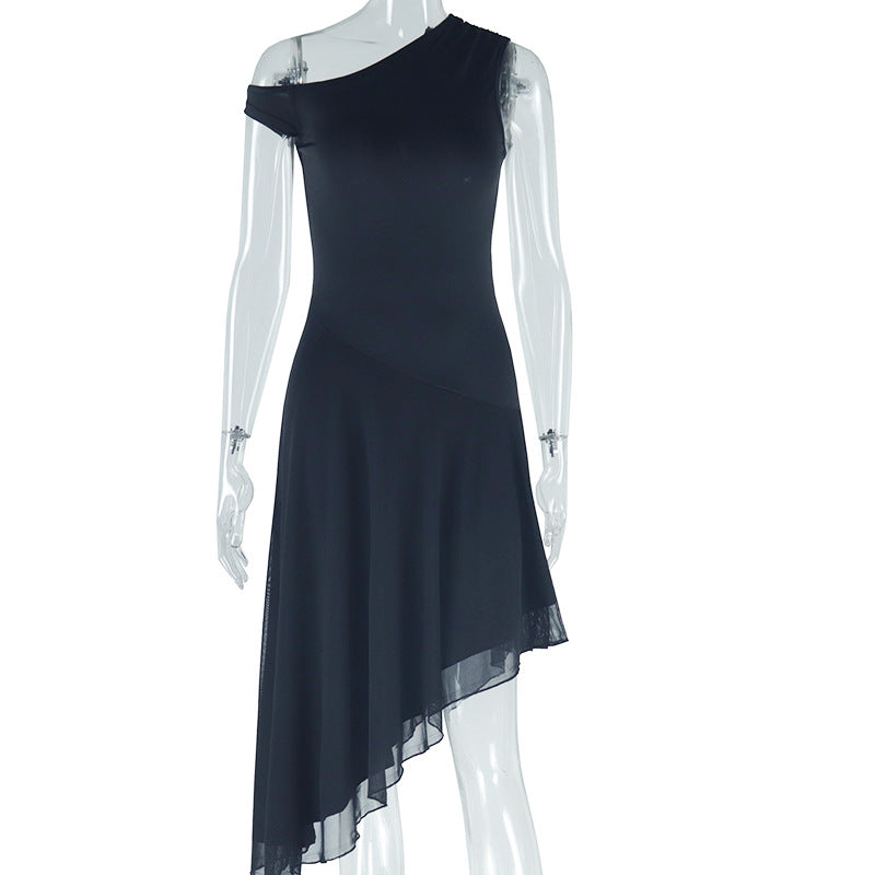 Women Solid Slash Shoulder One Shoulder Sleeveless Irregular Dress 7