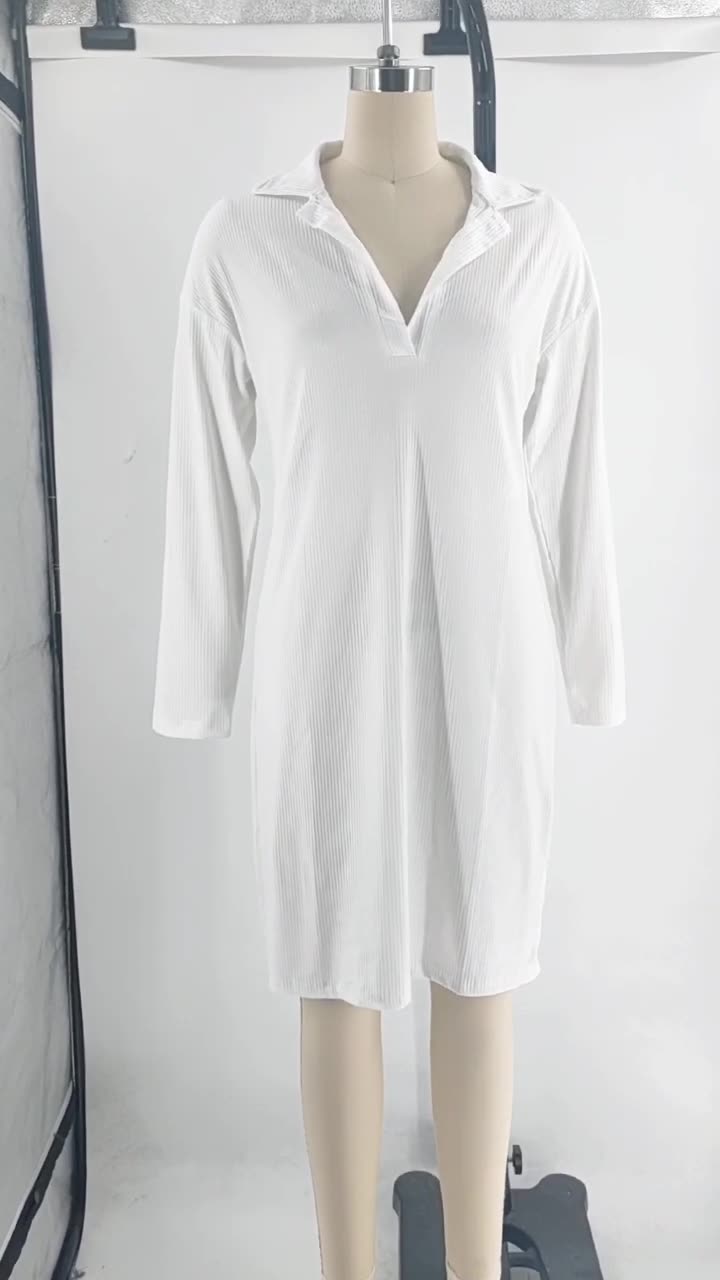 Plus Size Women White Half Open Collar Long Sleeve Dress