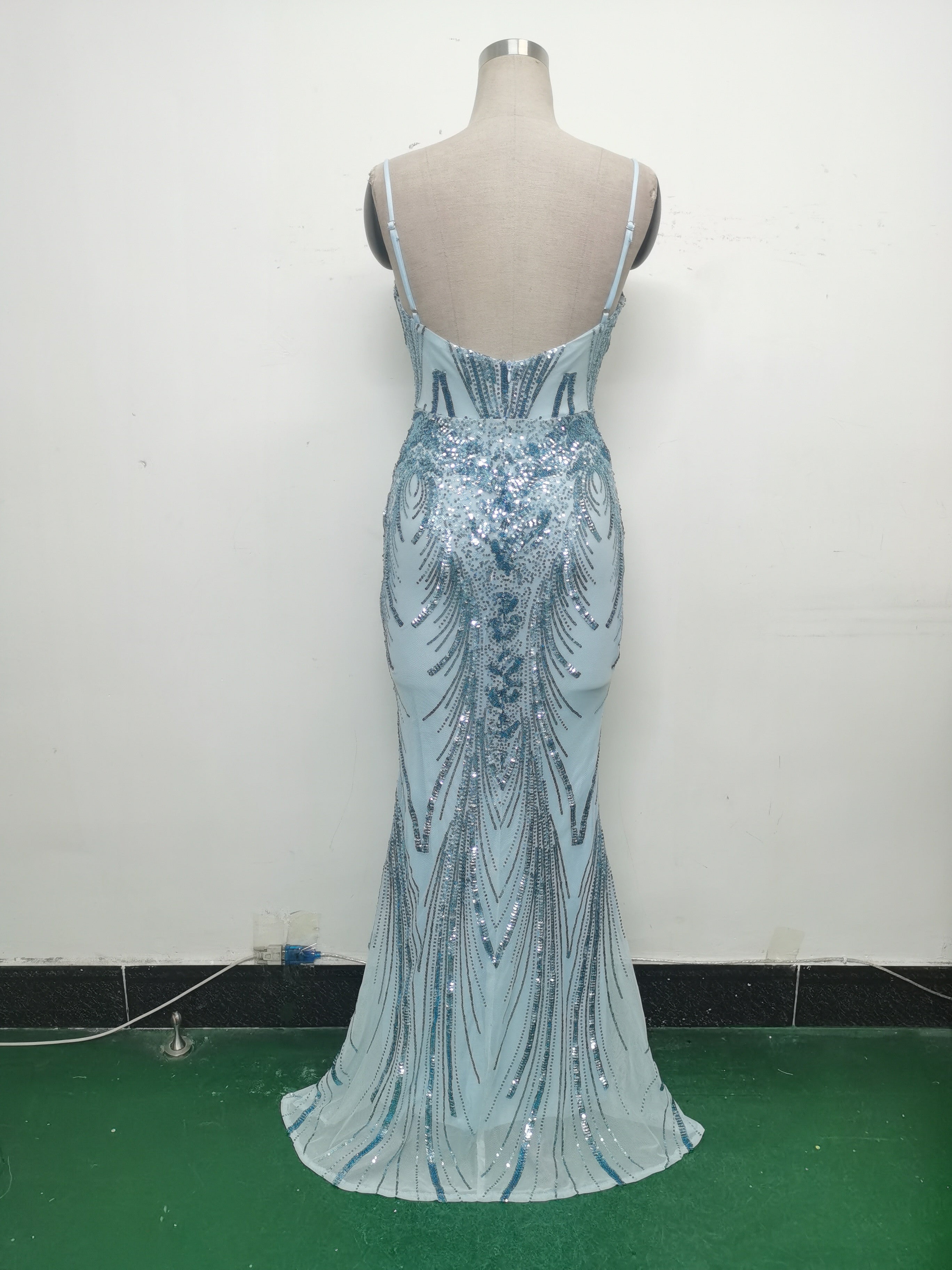 Women Fishbone Sequin Positioning Flower Evening Dress 39