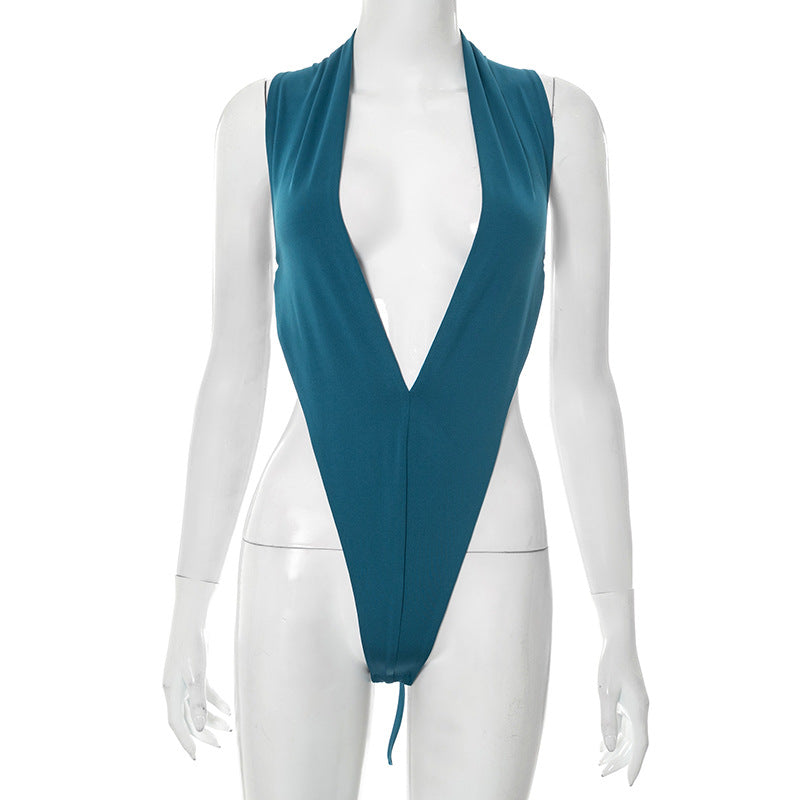 Women Spring and Summer Sexy V Neck Sleeveless Bodysuit and Flared Pants Two-piece Set 23