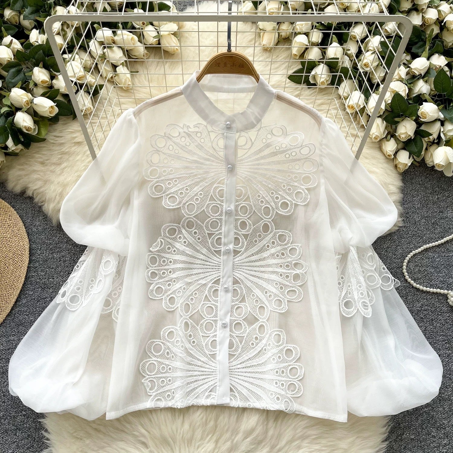 Women Stand Collar Lantern Sleeve Embroidered Openwork Lace Crop Top 8