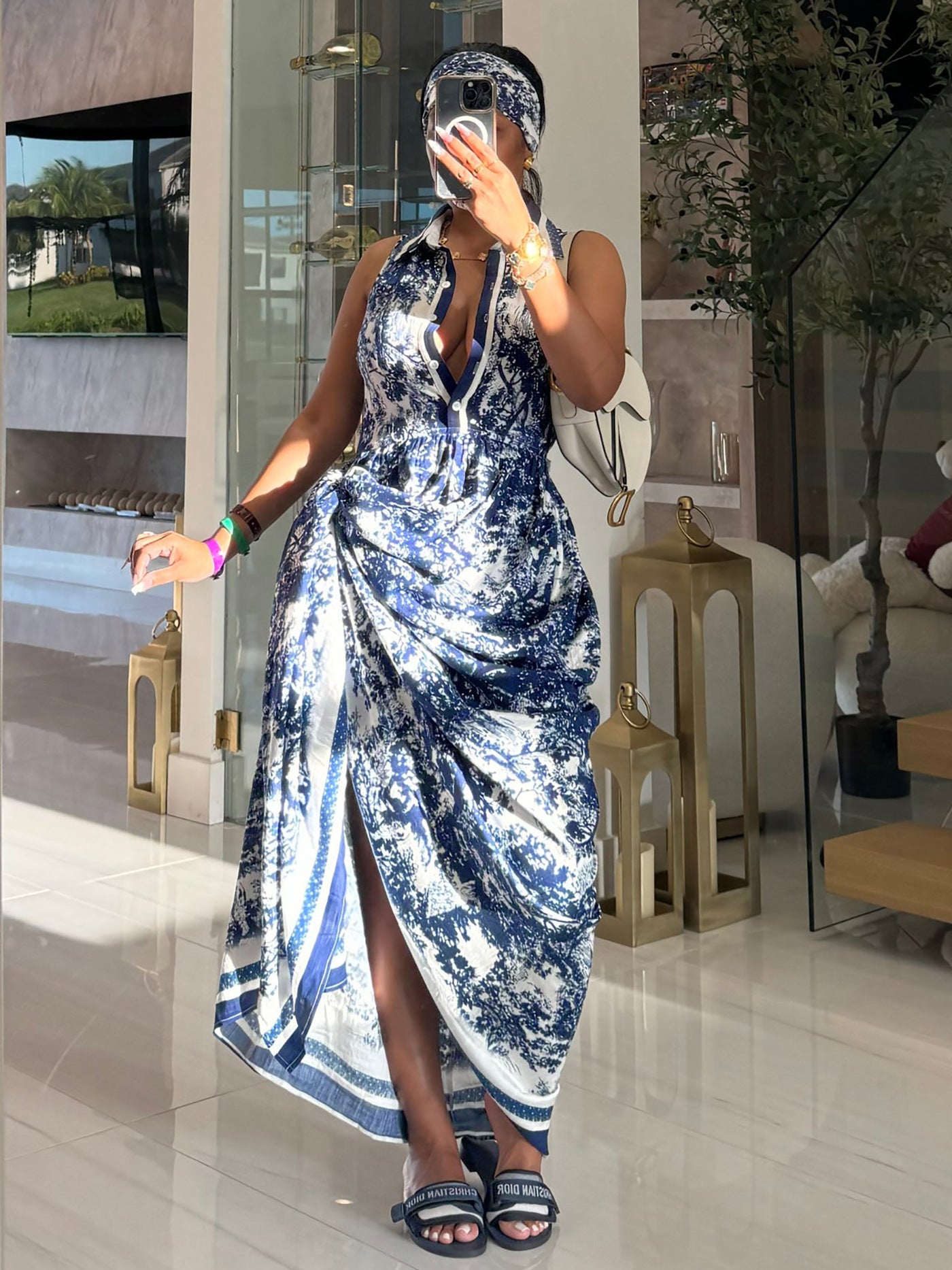 Women printed sexy slit flowing bohemian dress with belt 7