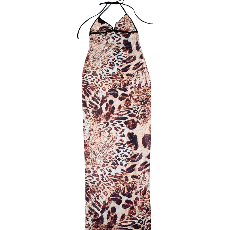 Women Spring Summer Sexy Leopard Print Halter Neck Sleeveless Lace-Up Backless Dress 9