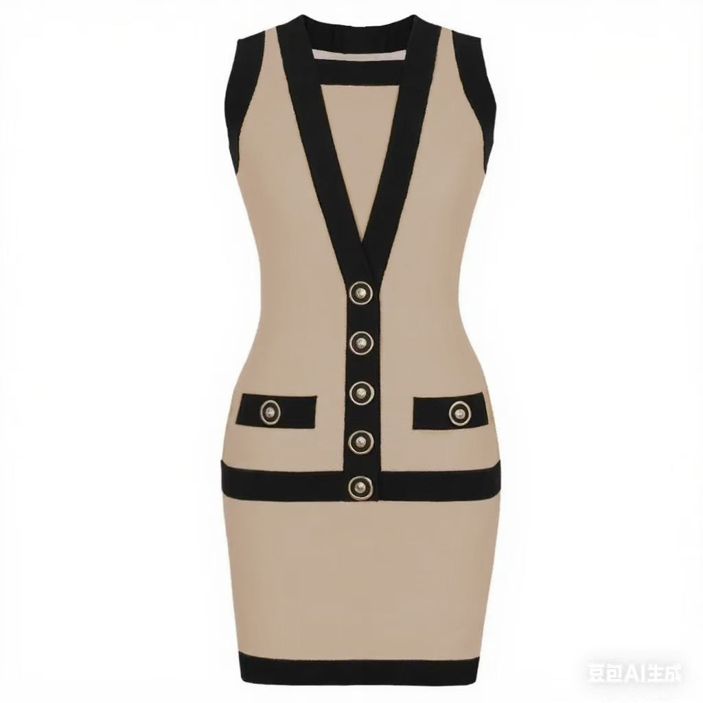 Women elegant button-down colorblock sleeveless single-breasted knitting dress 15