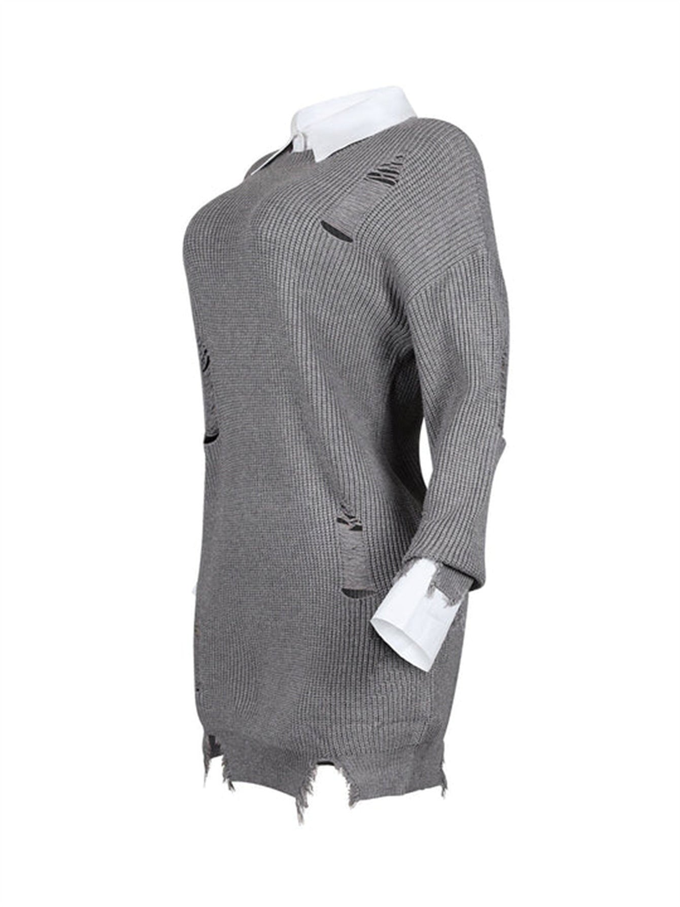 Ripped Casual Loose Solid Color Fashion Turndown-Collar Irregular Mini Dress 8