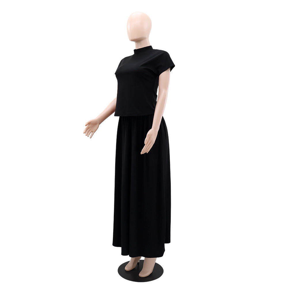 Solid Color Round Neck T-Shirt Casual Skirt Two Piece Set 6