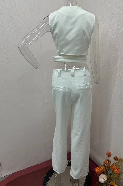 Summer Cross Slim Sleeveless Vest High Waist Wide Leg Pants Two Piece Set 8