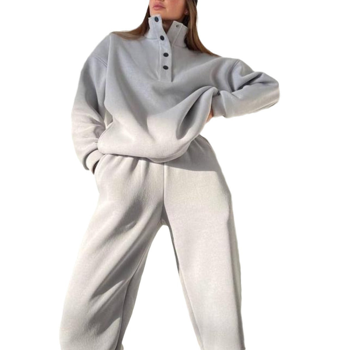 Spring And Autumn Women's Fashion Button Stand Collar Top Loose Pants Two Piece Set 10