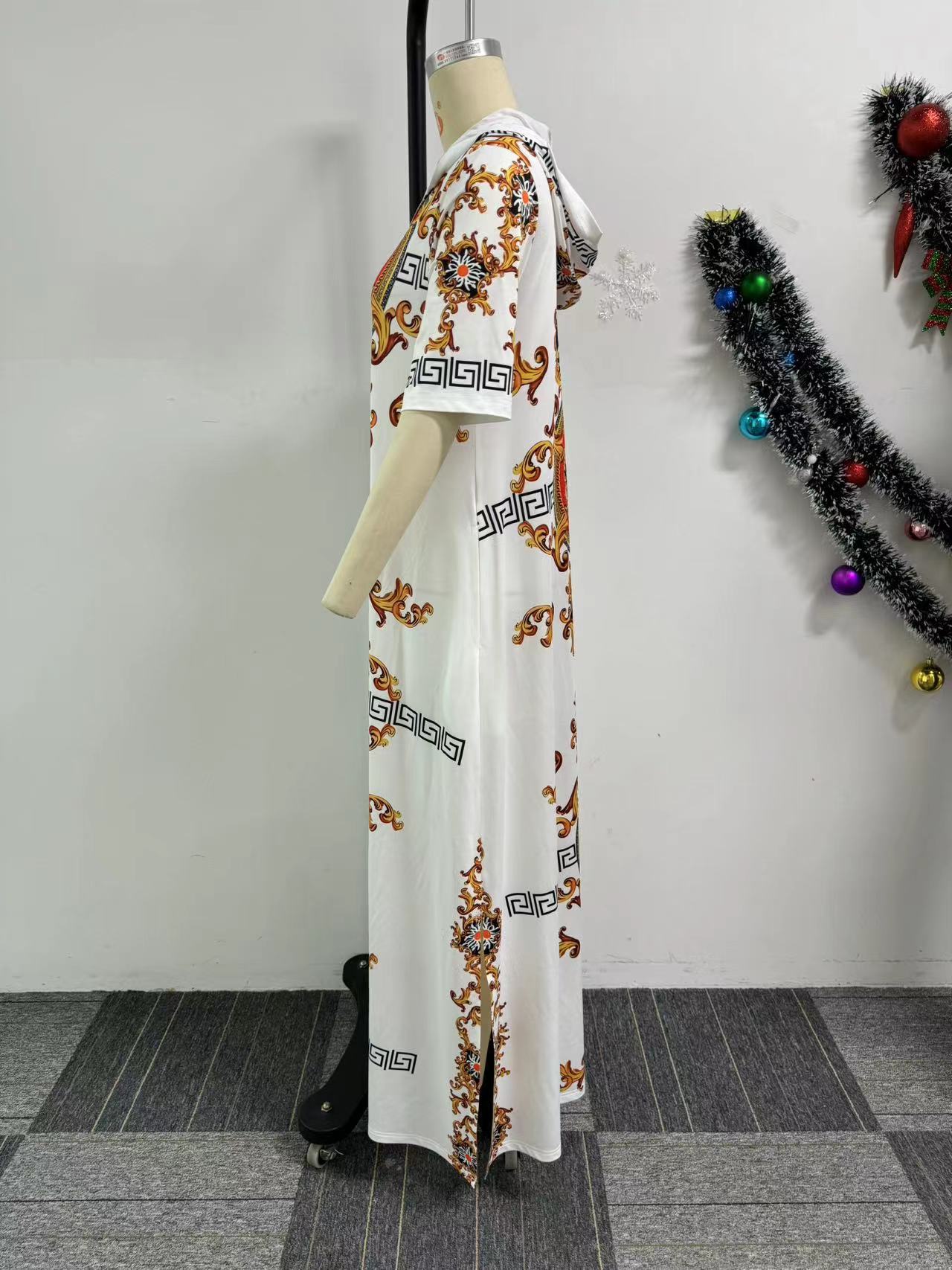 African Printed Hooded Short-Sleeved Split Loose Long Dress 7