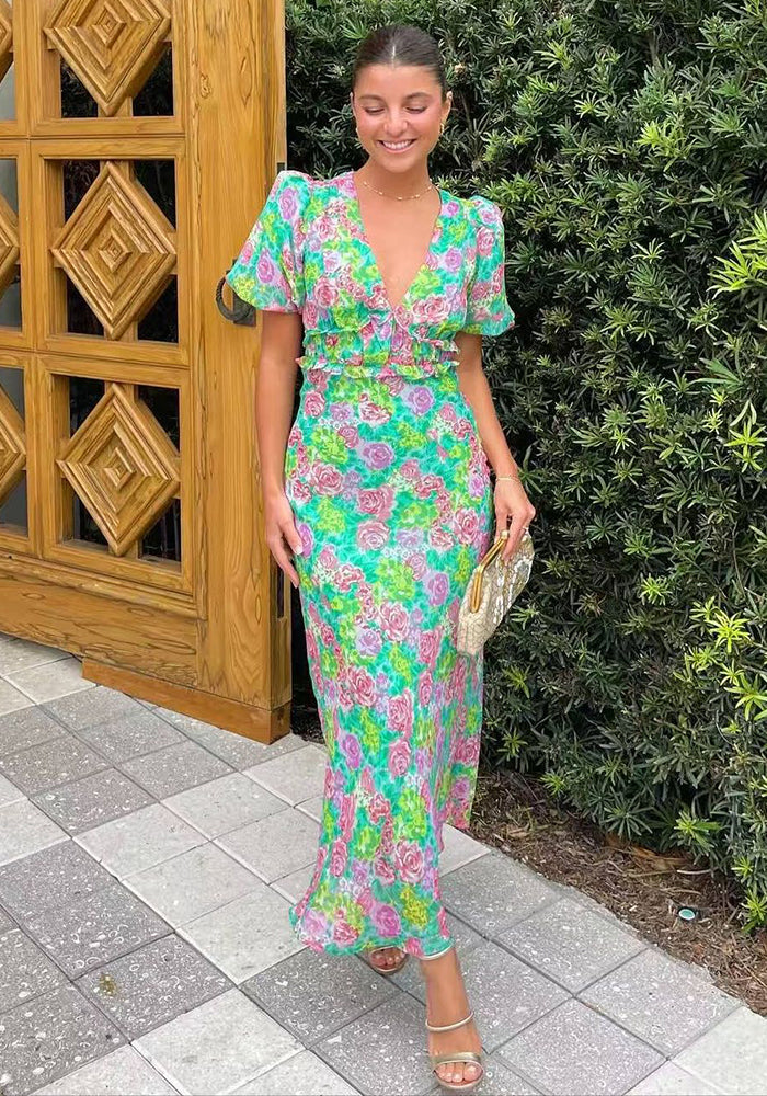 Summer Puff Sleeve V-Neck Print Dress