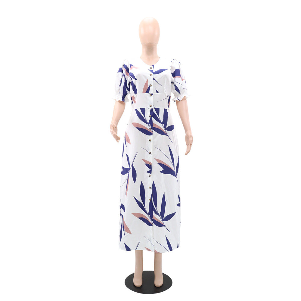 Chic V Neck Short Sleeve Slim High Waist Button Long Dress 3