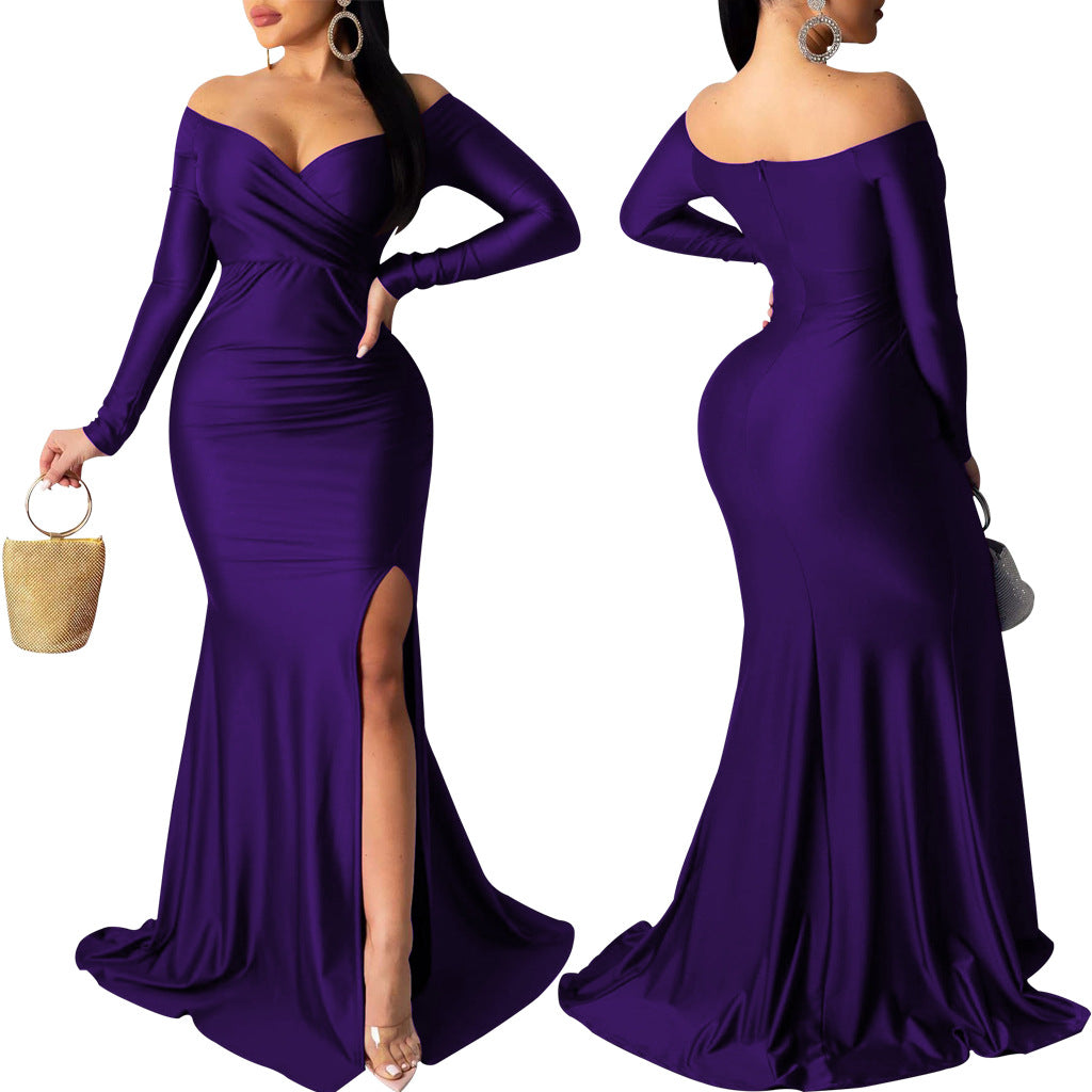 Sexy Fashion Big V-Neck Solid Off Shoulder Slit Evening Dress 13