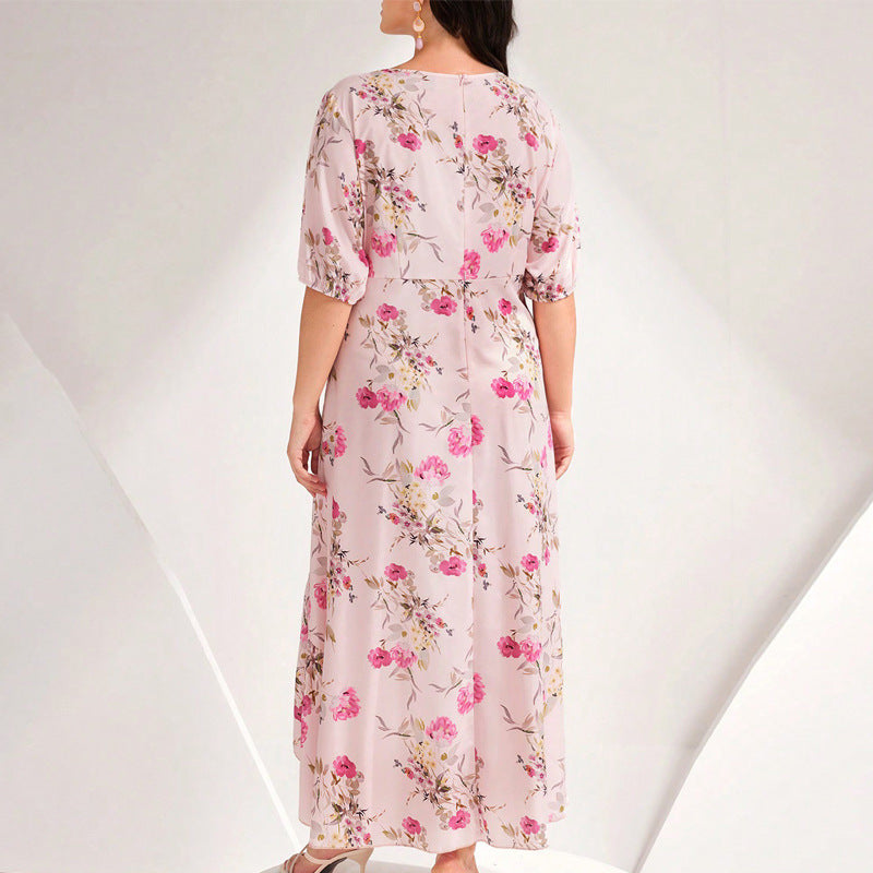 Plus size Women ruffled patchwork print v-neck short-sleeved dress 3