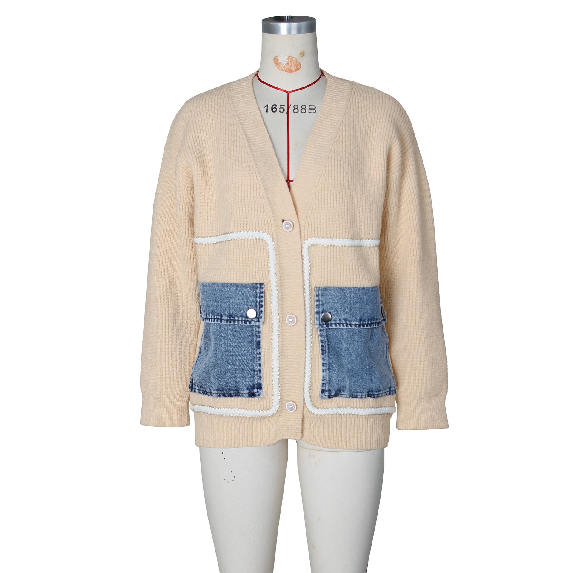 Women Patchwork Denim pocket cardigan sweater 19