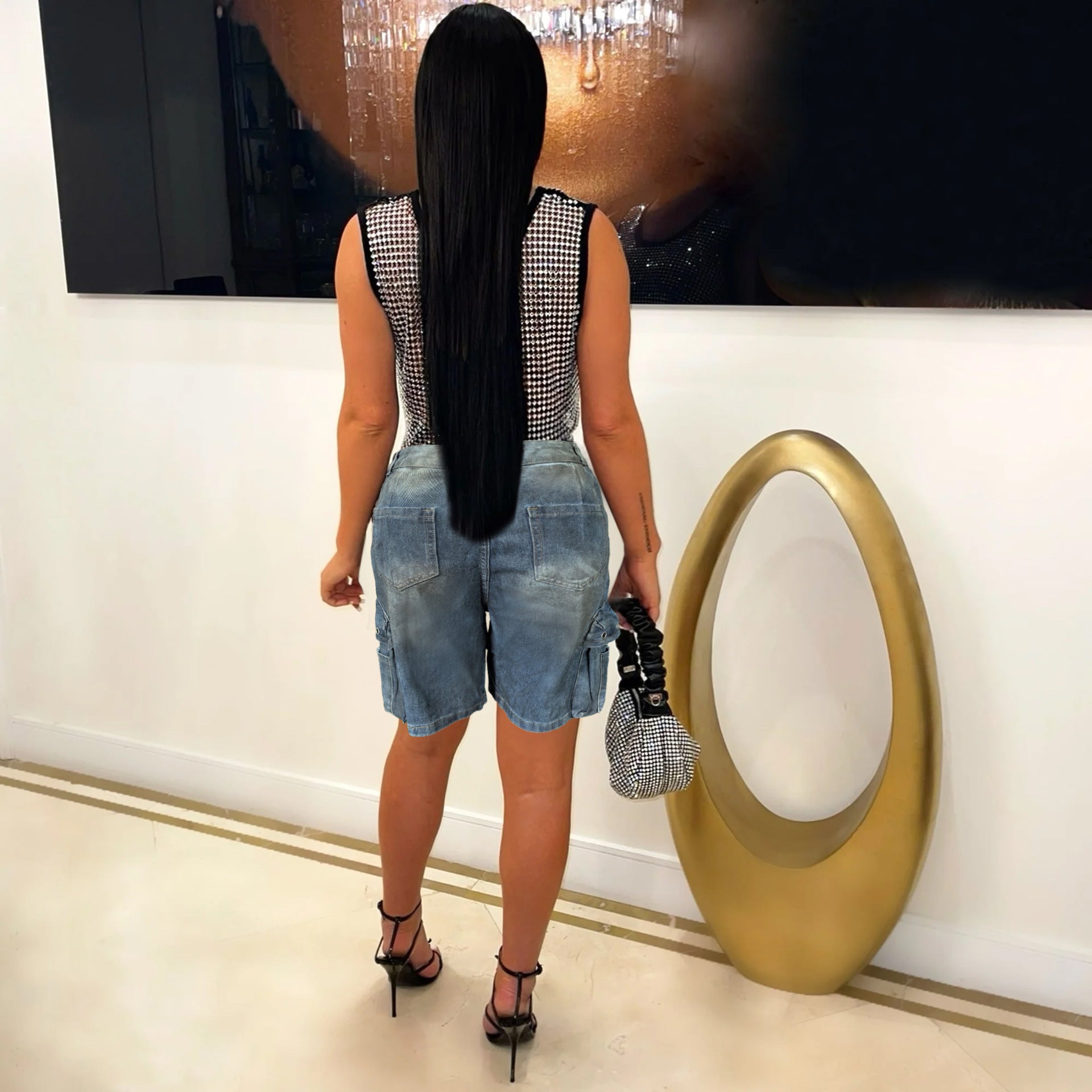 Women Pocket Cargo Knee-Length Denim Shorts 4