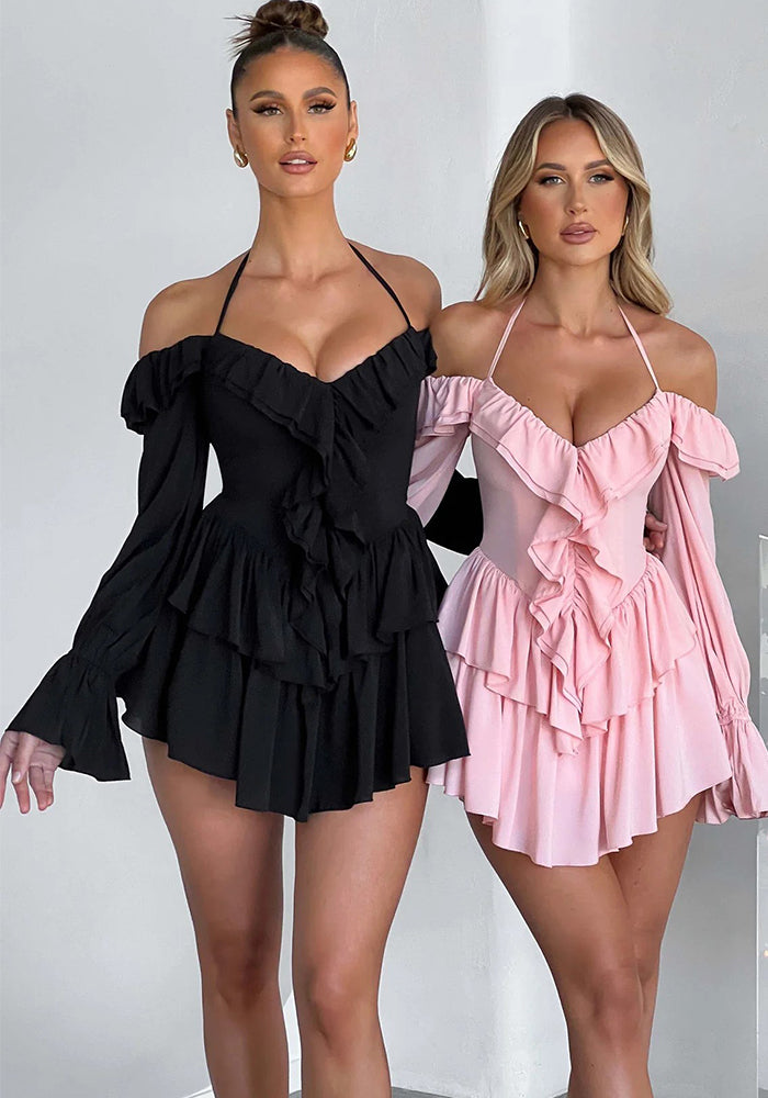Pleated Ruffle Bell Bottom Sleeve Halter Neck Women's Dress