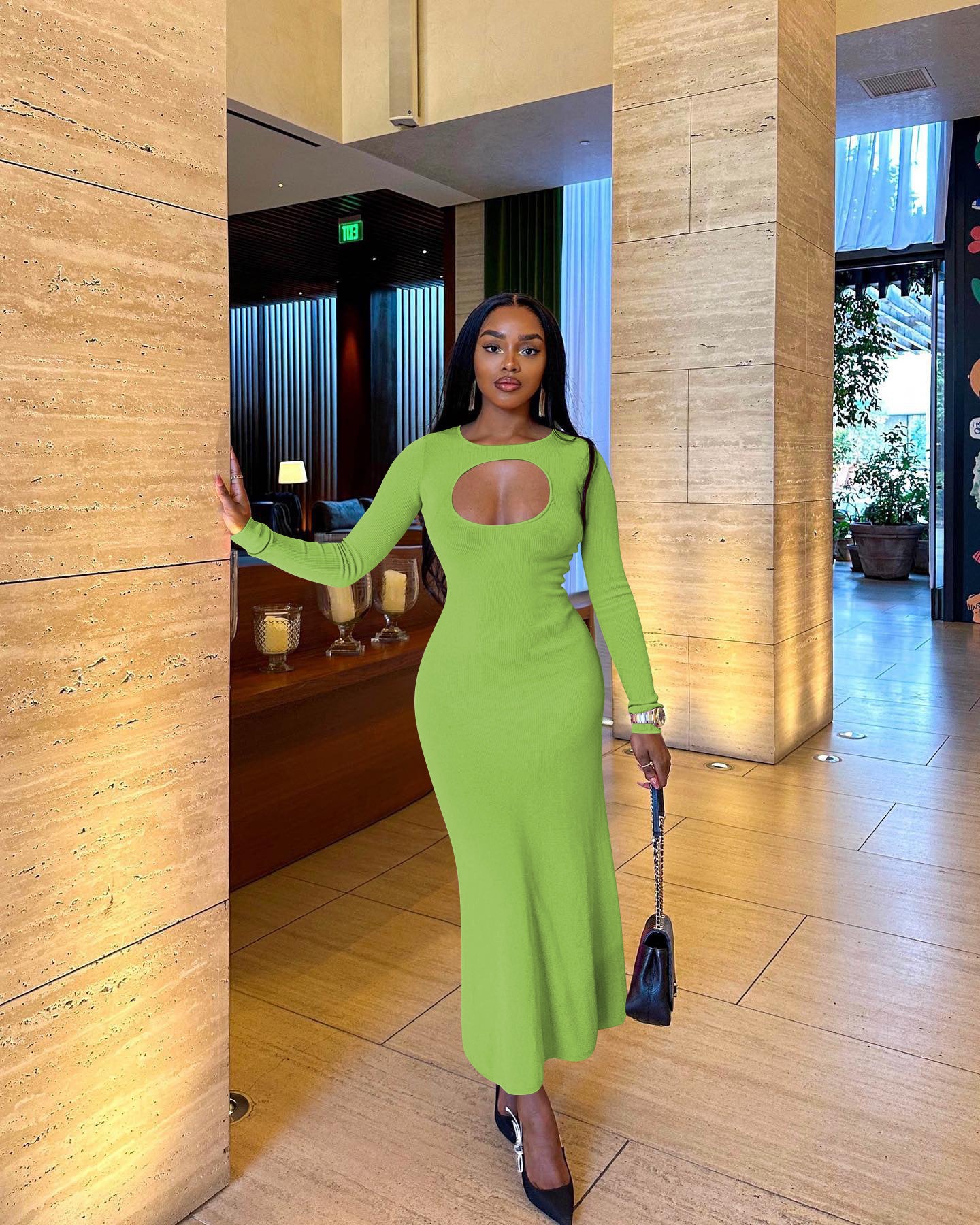 Women's Clothing Sexy Fashion Keyhole Solid Long Sleeve Dress Women's Clothing 4