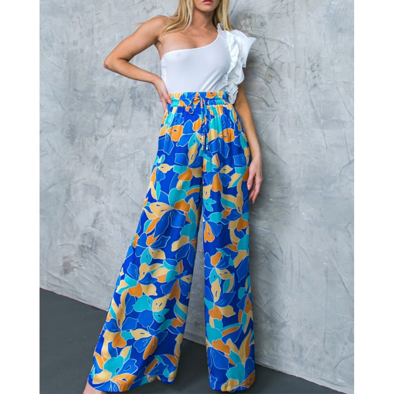 Women's Fashion Printed Puff Long Sleeve Shirt Wide Leg Pants Two-Piece Set 4