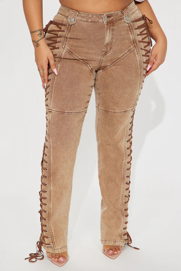 Women Trendy Lace-Up Denim Pants