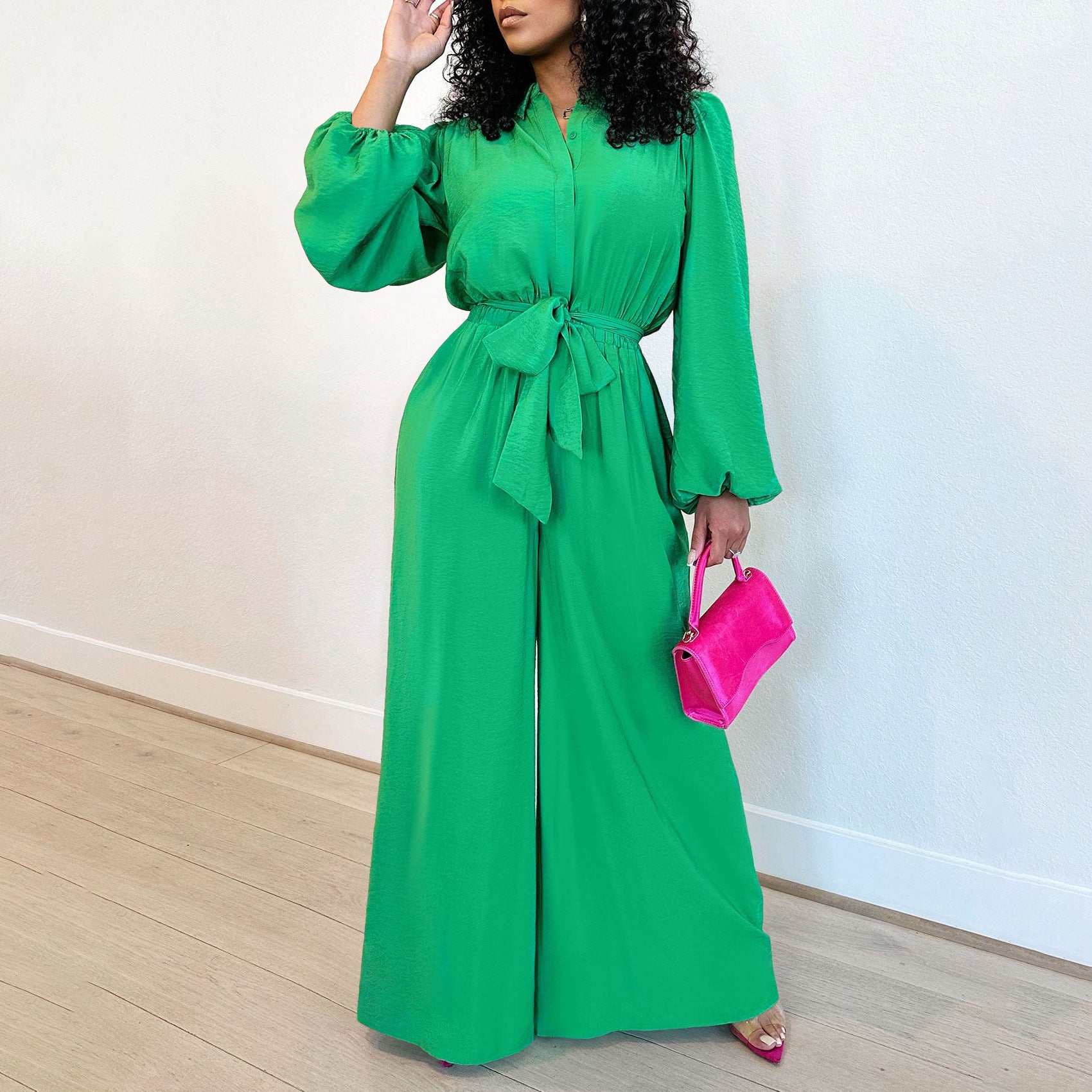 Women's Fashion Long Sleeve Solid Color High Waist Plus Size Loose Casual Jumpsuit