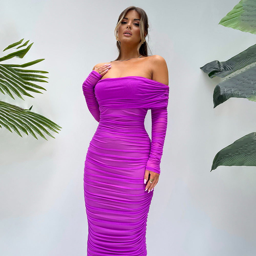 Women Autumn Bodycon Sexy Mesh Off Shoulder Gathered Dress 7