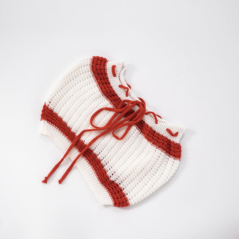 Summer Women's Fashion Knitting Drawstring Contrast Stripes Strapless Two-Piece Shorts Set 11