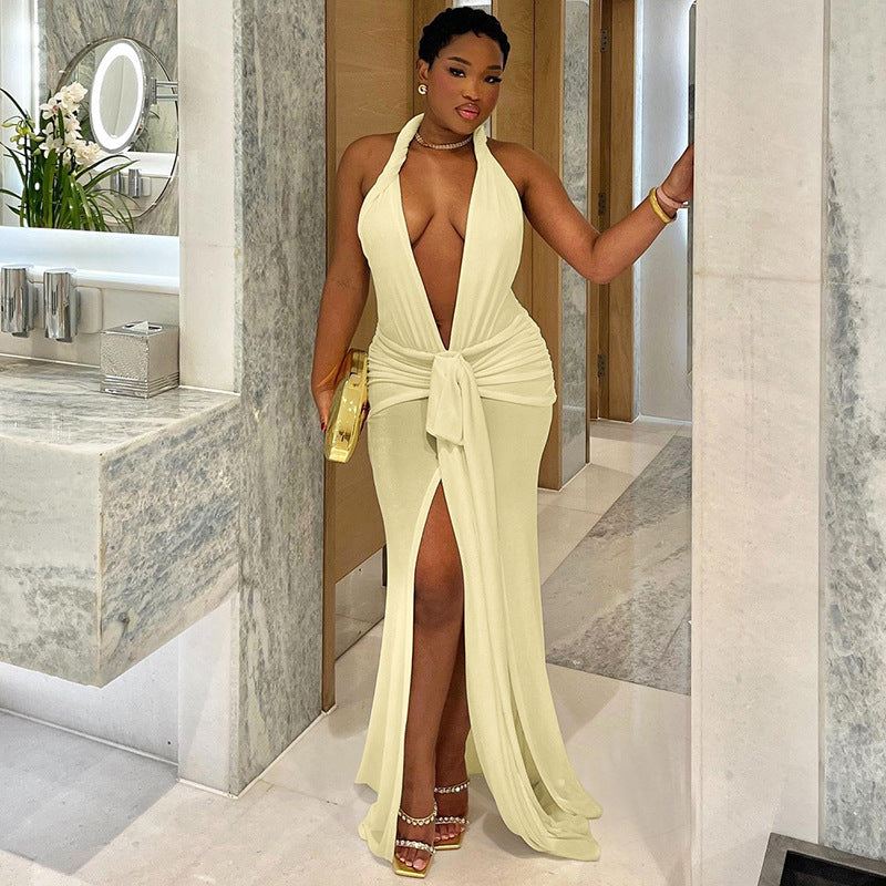 Women Sexy Backless Halter Neck V-neck Solid Slit Dress