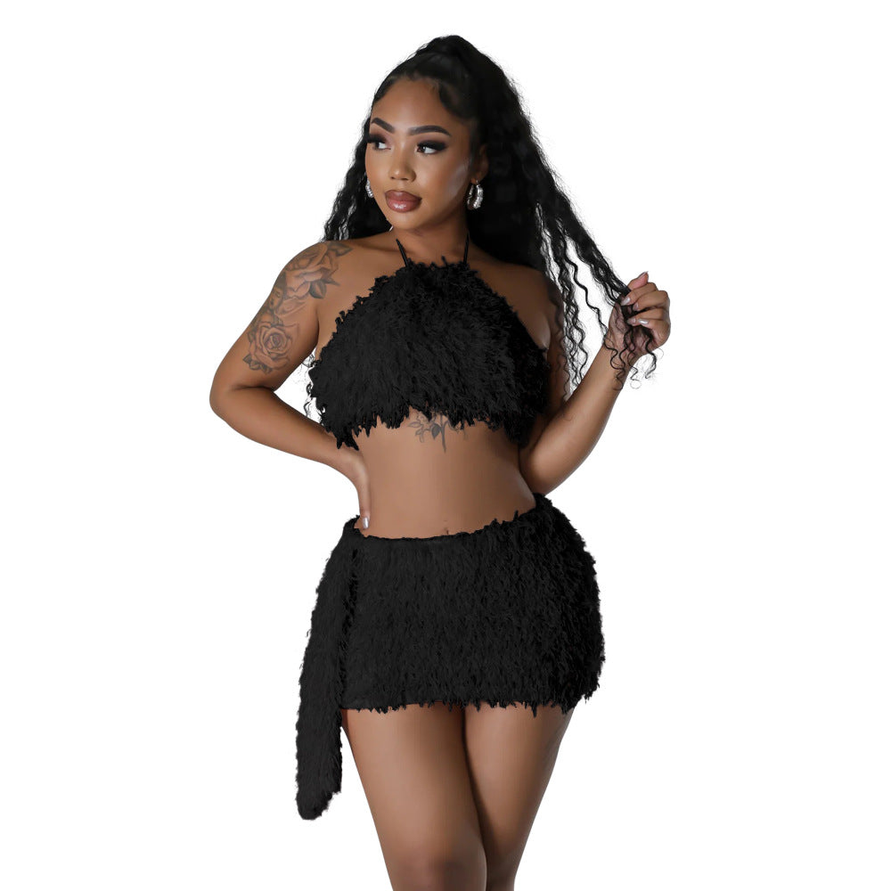 Fashionable Solid Color Halter Crop Top Mini Skirt Two-Piece Set 7