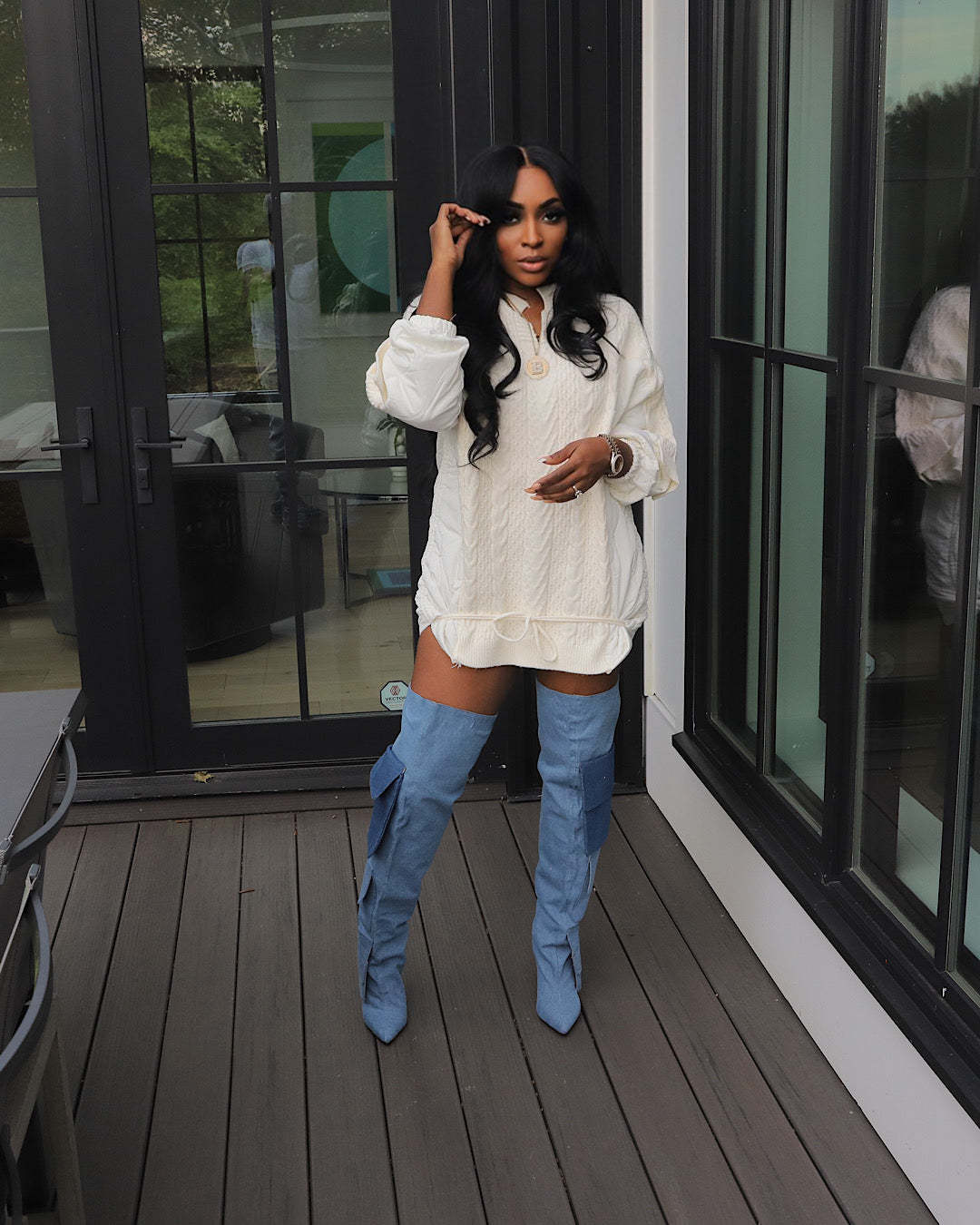 Autumn And Winter Women's Casual Loose Cotton Padded Patchwork Knitting Drawstring Sweater Dress