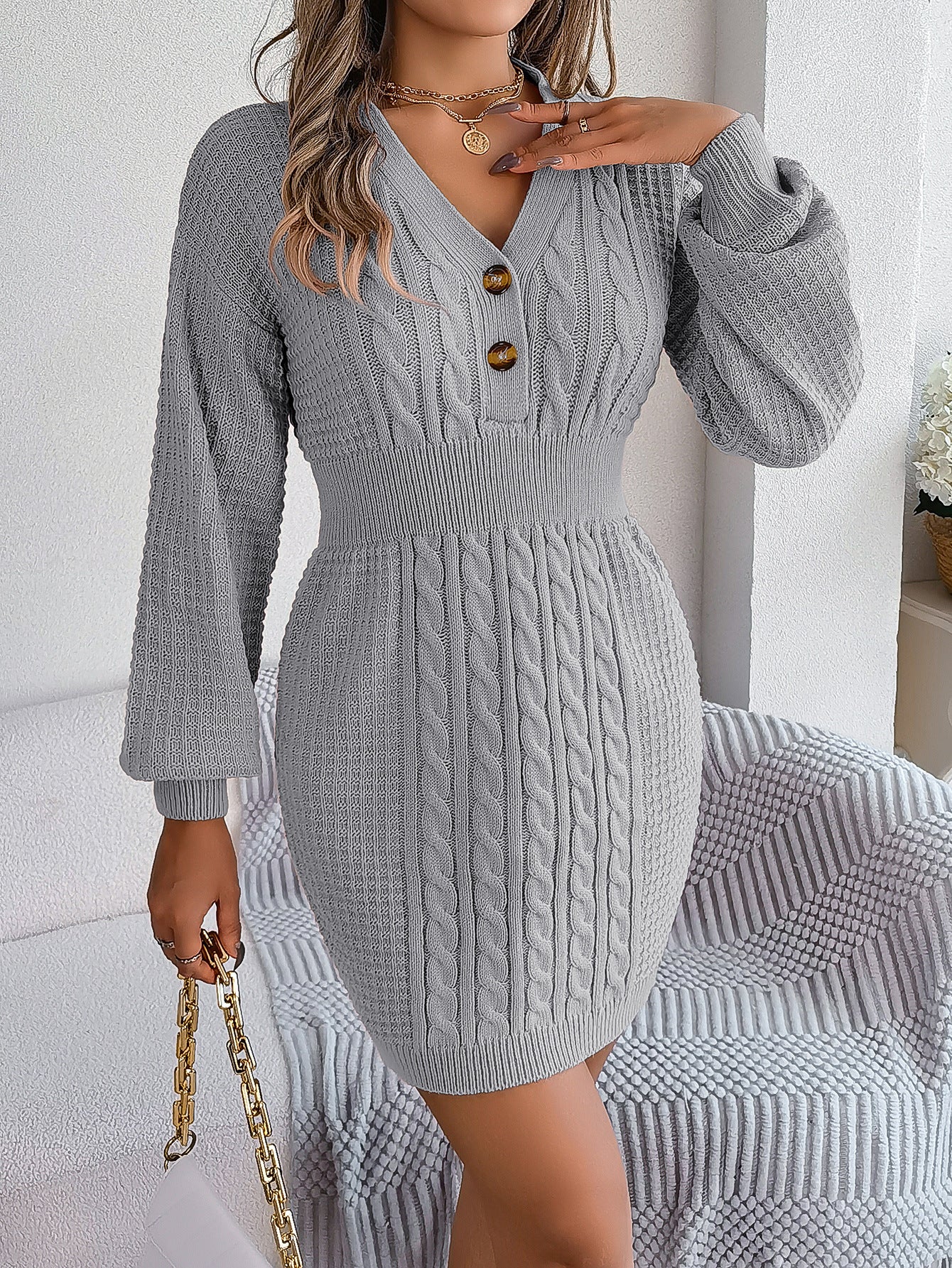 Autumn And Winter Buttoned V-Neck Lantern Sleeves Bodycon Sweater Dress Women's Clothing 9