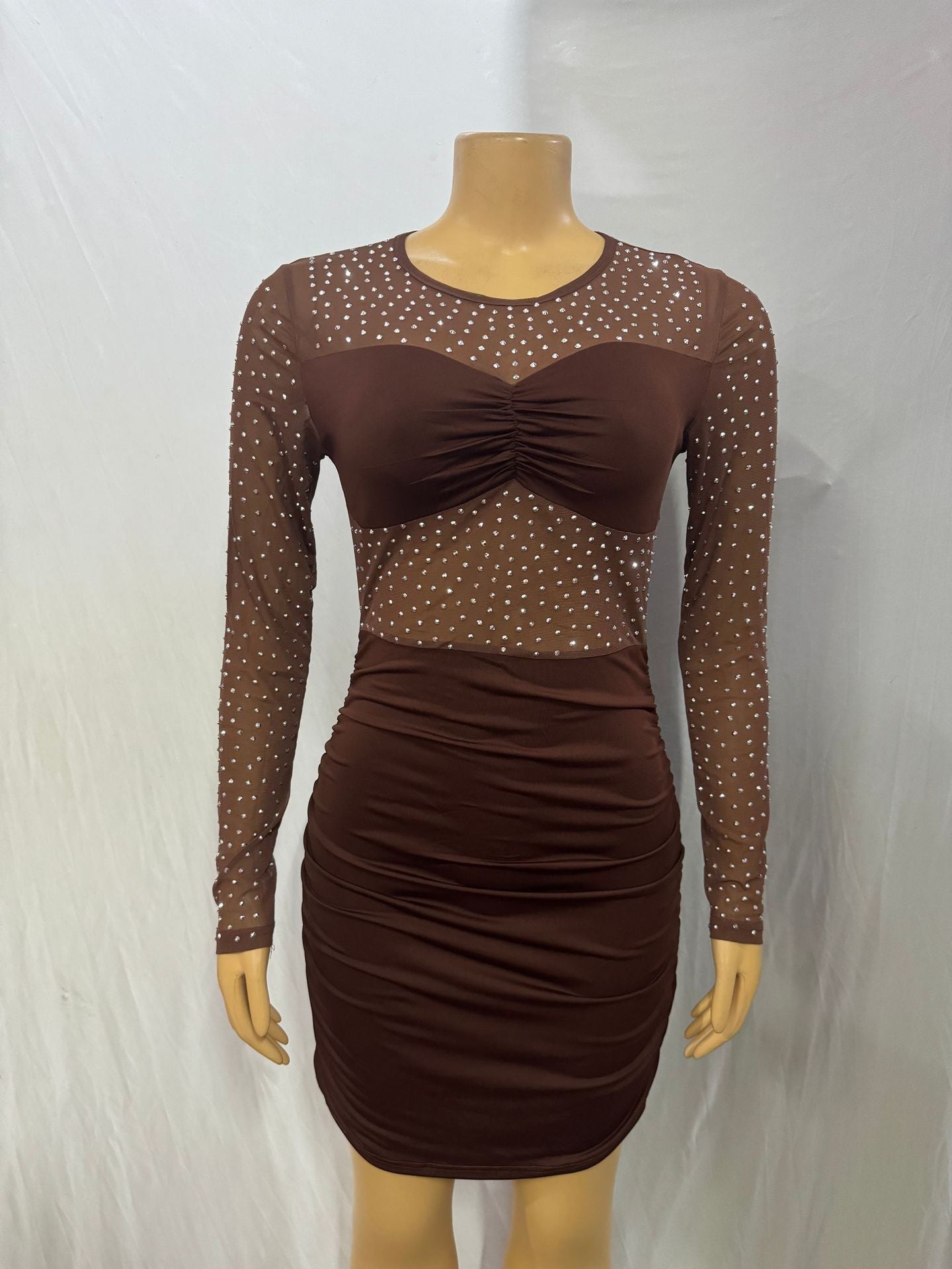 Women long sleeve round neck see-through beaded sexy bodycon dress 4