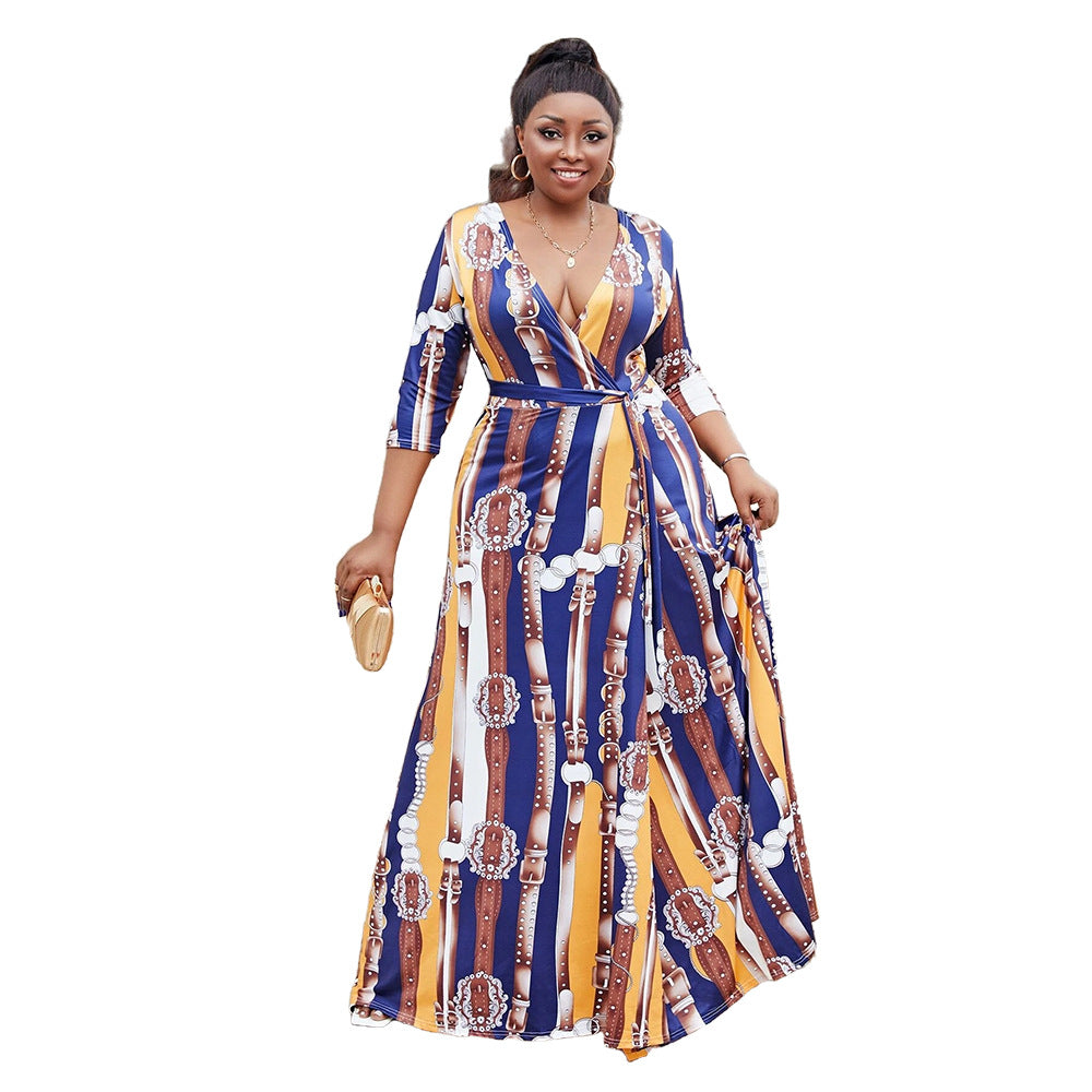 Plus Size Women Sexy V-Neck Half-Sleeve Striped Casual Dress 8