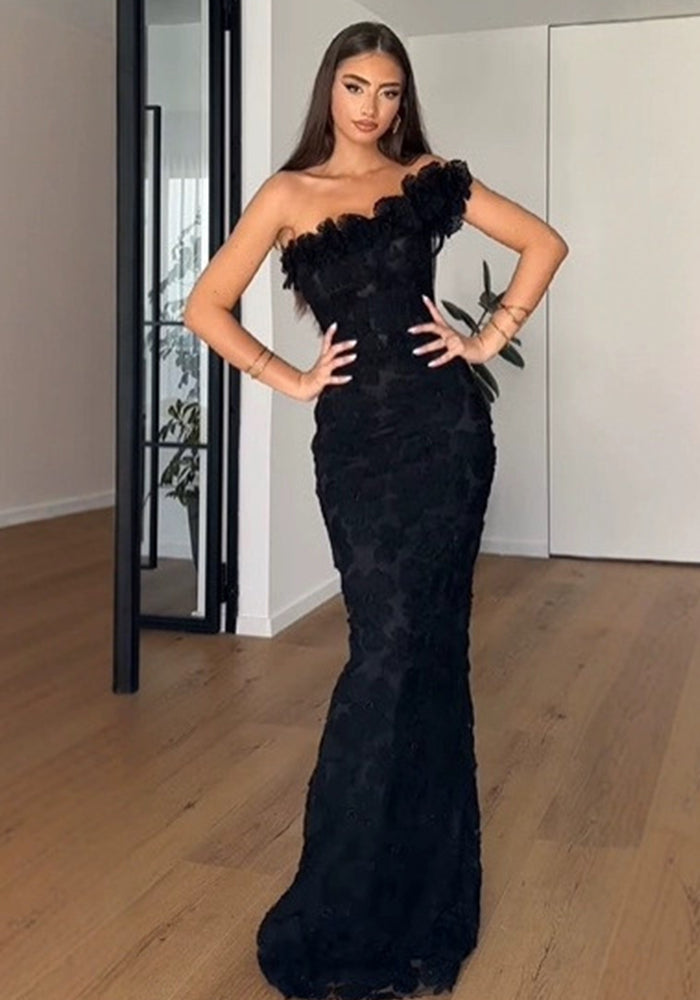 Women Sexy Slash Shoulder Floral Beaded Dress