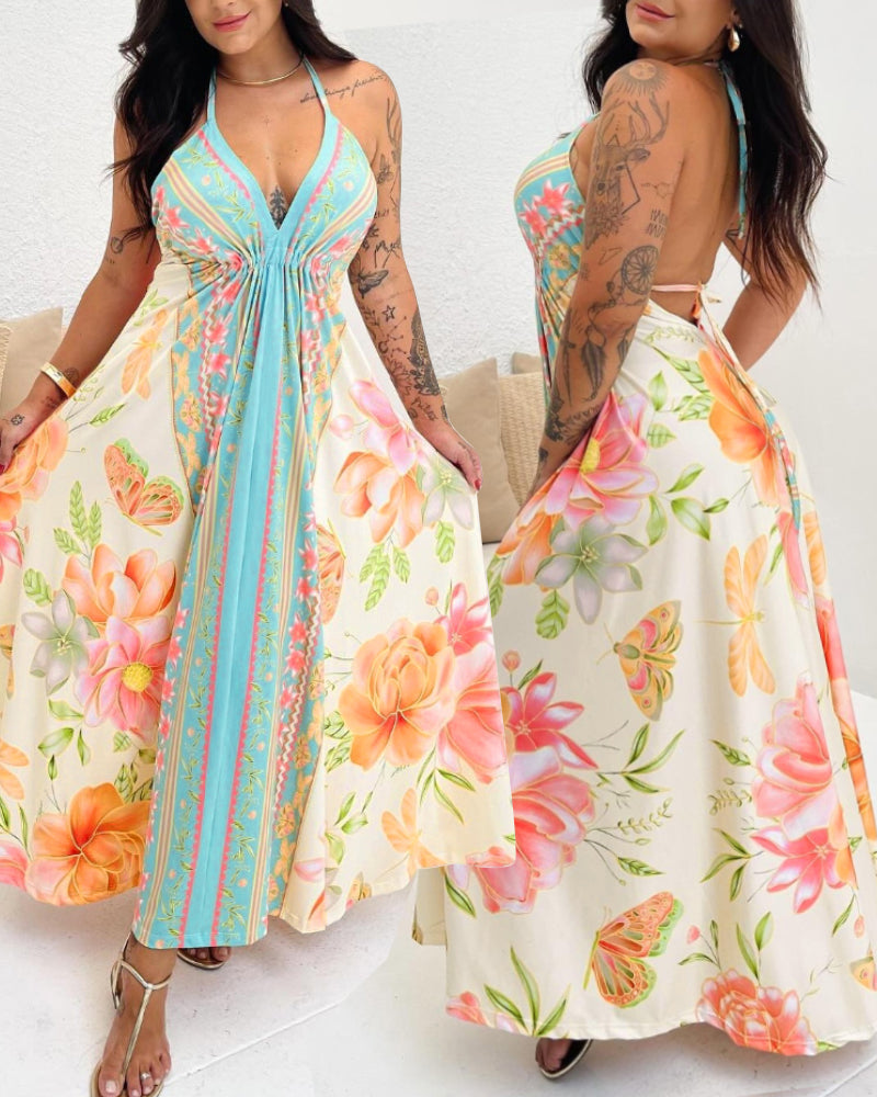 Women's Halter Neck Back Hollow Print Long Dress 7