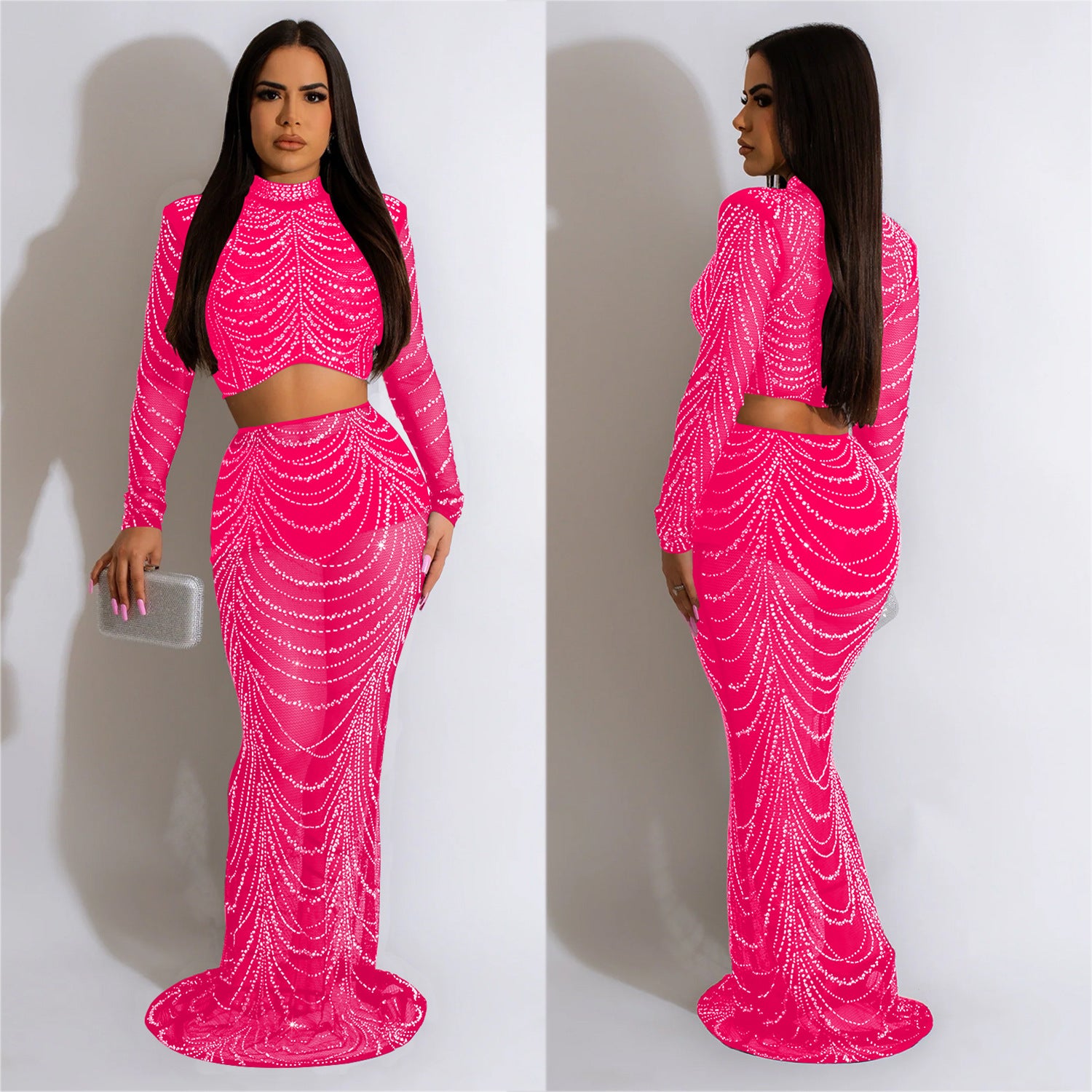 Women's Fashion Solid Color Mesh Beaded Long Sleeve Crop Top Long Skirt Two-Piece Set 4