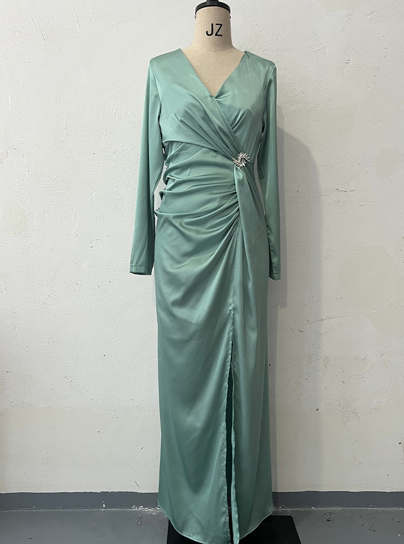 Summer V-Neck Solid Color Long-Sleeved Slim Women's Long Dress 12