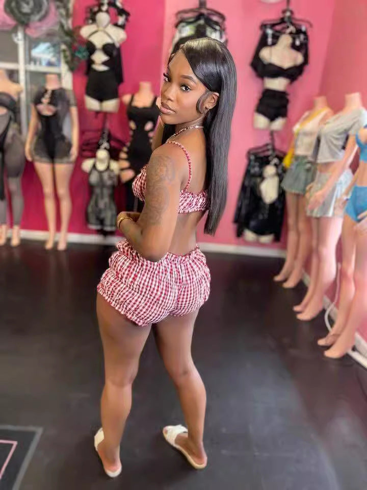 Women sexy plaid elastic pleated Shorts 3