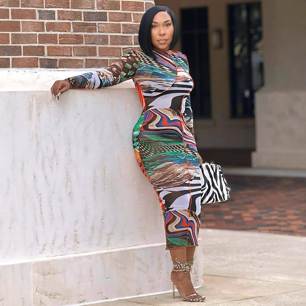 Spring fashion sexy print slim bodycon dress