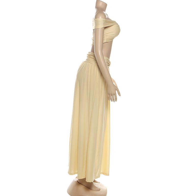 Autumn Women's Fashion Sexy Strapless Crop Top Sexy Chic Long Skirt Two-Piece Set 9