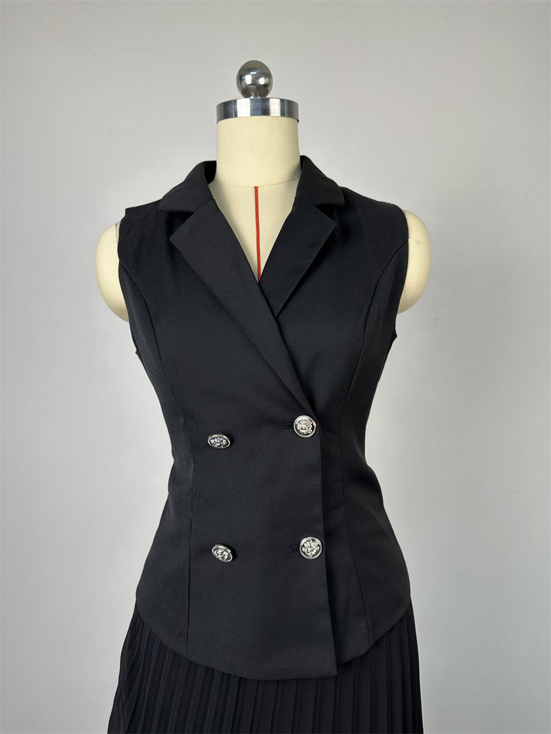 Women Summer Turndown Collar Vest And Pleated Skirt Casual Two-piece Set 7