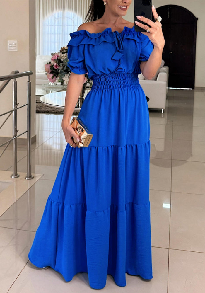 Women Off-Shoulder Ruffle Edge Stretchy Bell Bottom Maxi Dress