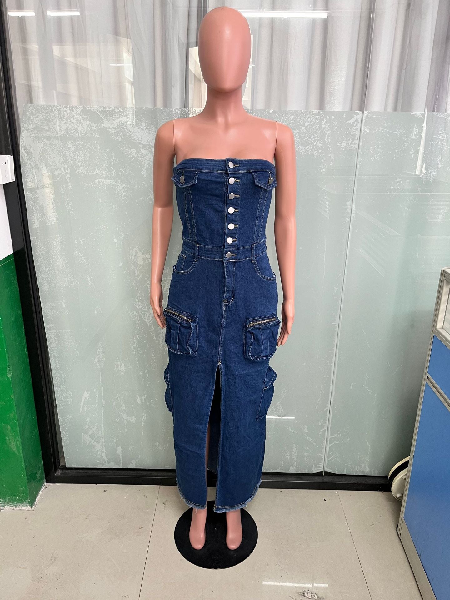 Women Sexy Strapless Off Shoulder Slit Cargo Denim Dress 7