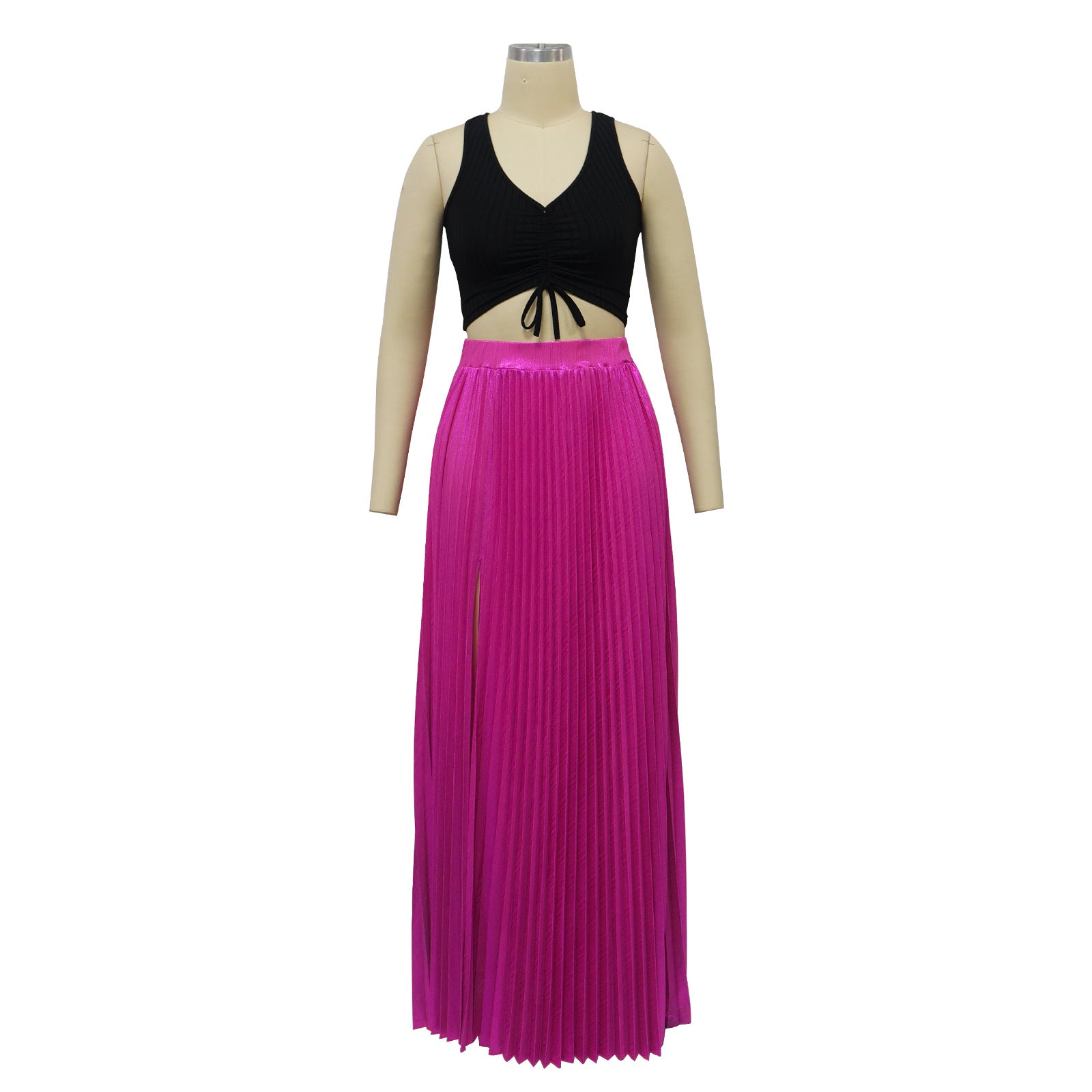 Women Solid High Waist Pleated Slit Skirt 14