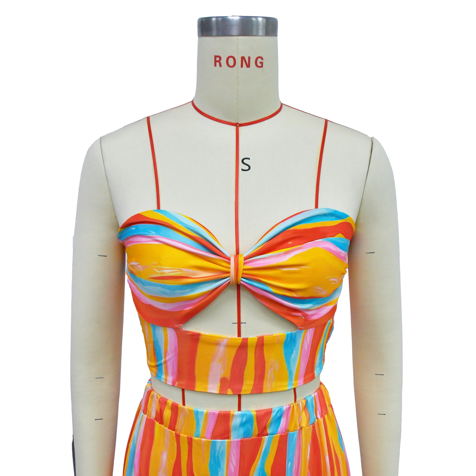 Ladies Fashion Striped Print Strapless Top Long Skirt Two-Piece Set 15