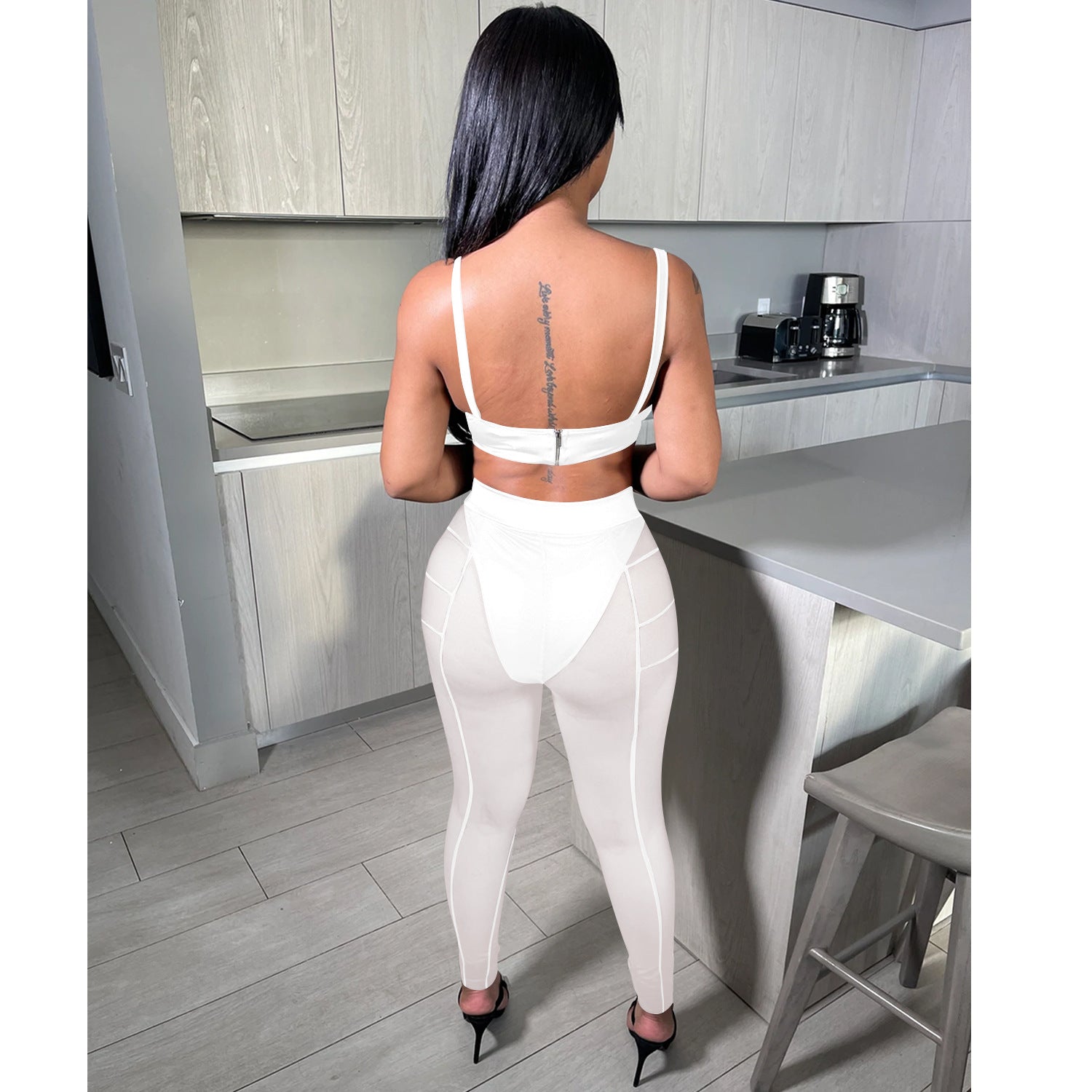 Women sexy bra strap zipper mesh See-Through trousers two-piece set 10