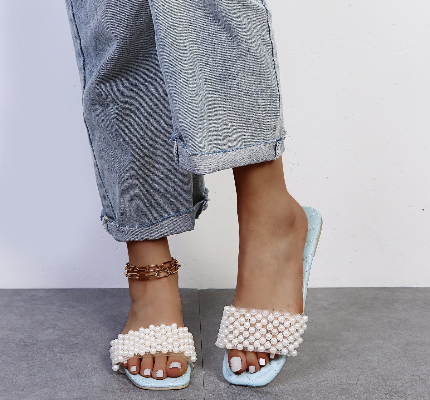 Ladies Summer Flat Slip-On Pearl Sandals 18