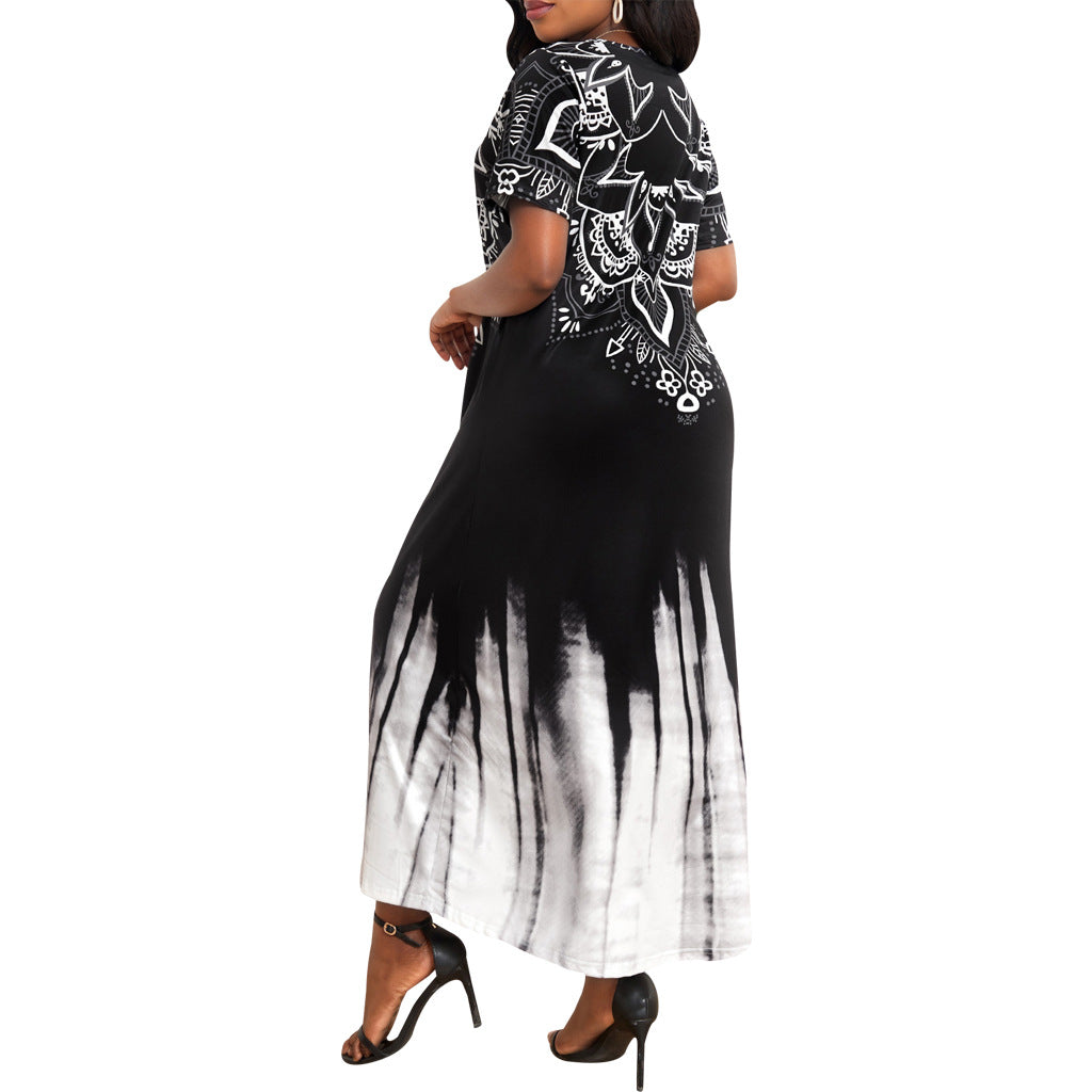 Sexy Fashion Printed U-Neck Short Sleeve Women's Long Dress 6