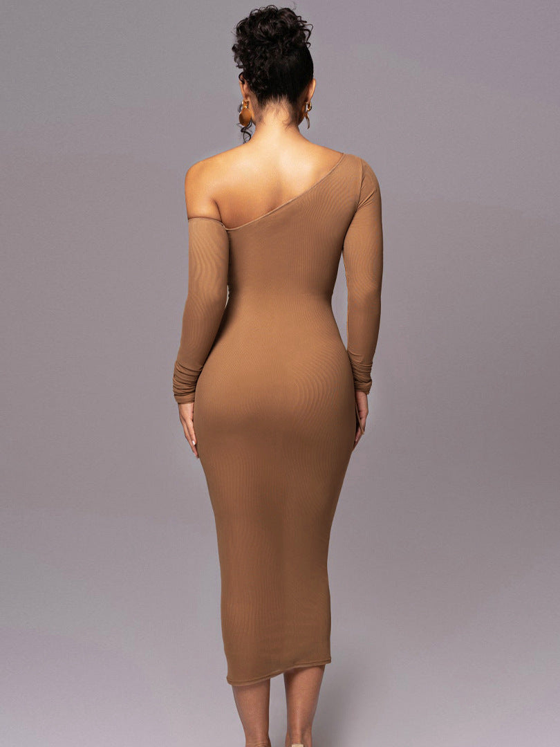 Spring Women Long Sleeve Mesh Patchwork Slash Shoulder Pleated Dress 5